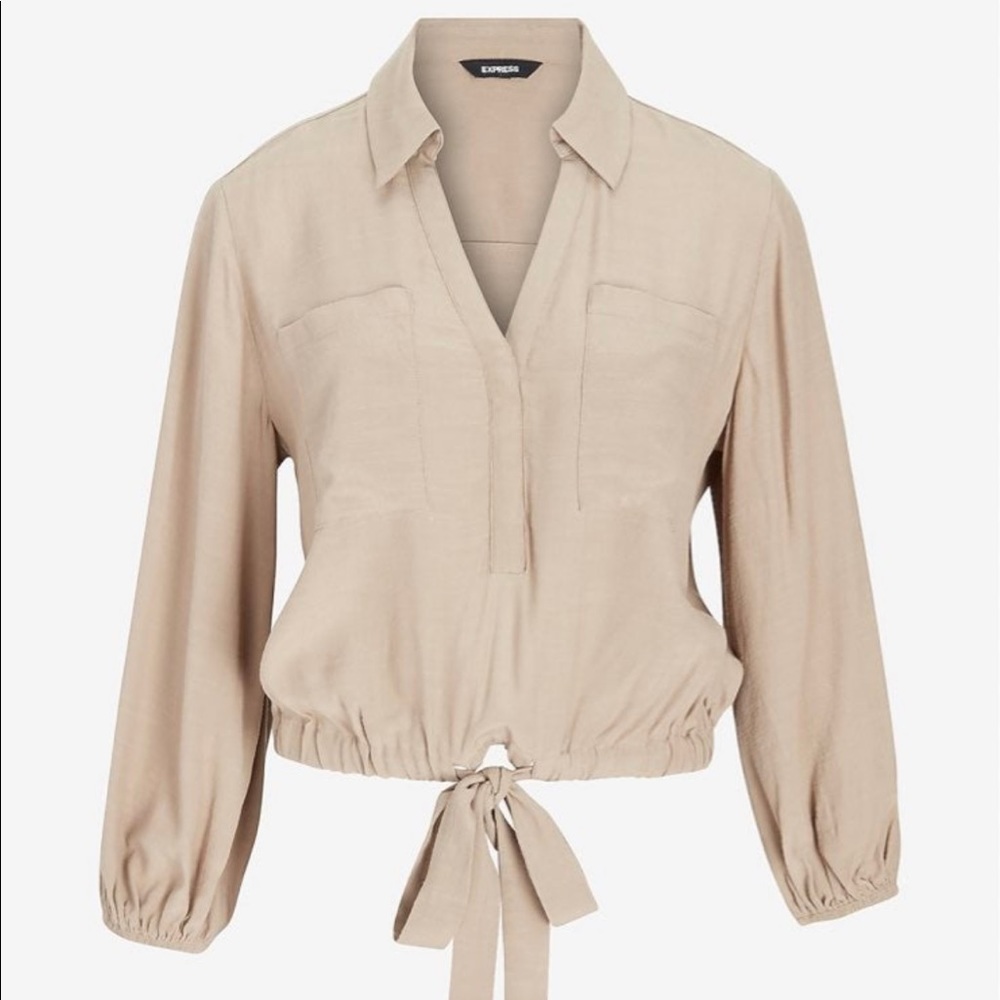 Creme Puff Sleeve Drawstring Top